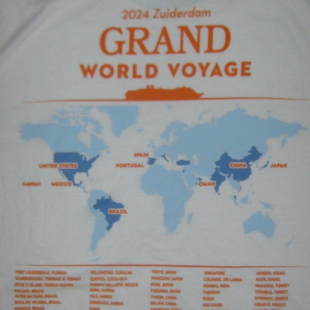Holland America Cruise Line Grand World Voyage 2024 Zuiderdam Cotton T-shirt L